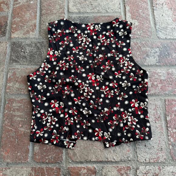Vintage Vest Floral Black Red Single Button Cropped Small/Medium - Picture 3 of 3